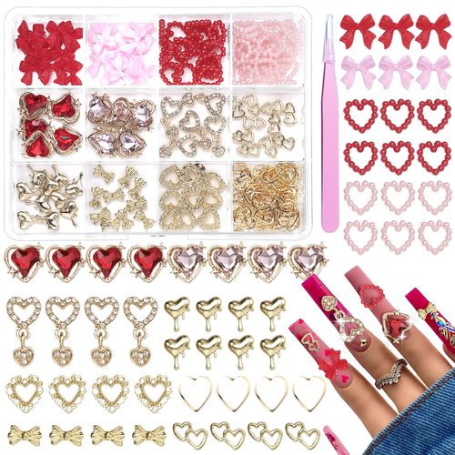 3D Gold Heart Nail Charms and Gems, Gold Bow Alloy Nail Charms Dangle, Red Heart Rhinestones Nails Bow Charms, Shiny Luxury Y2K Nail Jewelry Pearls for Nail Art Supplies