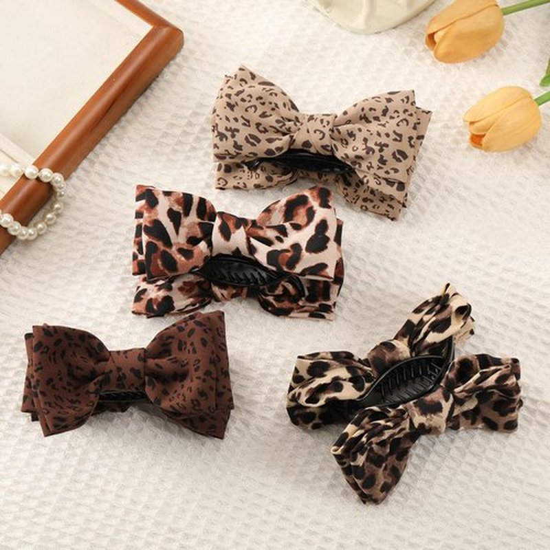 Auseibeely 4 Pcs Leopard Print Bow Claws Clips for Women - Decorative Bowknot Hair Clips for Ponytails/Half-Updo/Bun, Cheetah Elegant Polyester Bow Hair Clips