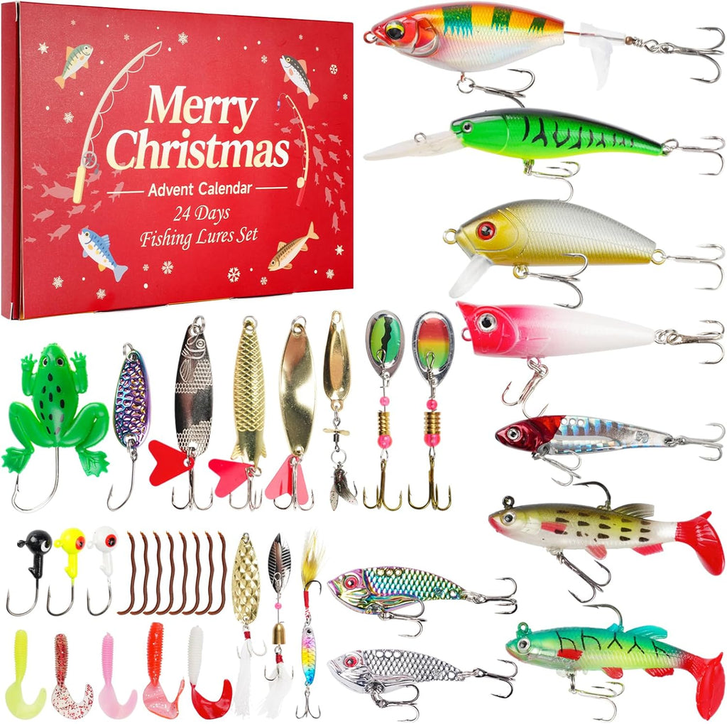 Advent Calendar 2025 Fishing Lure Set - 24 Soft & Hard Lures for Freshwater & Saltwater Fishing Gifts