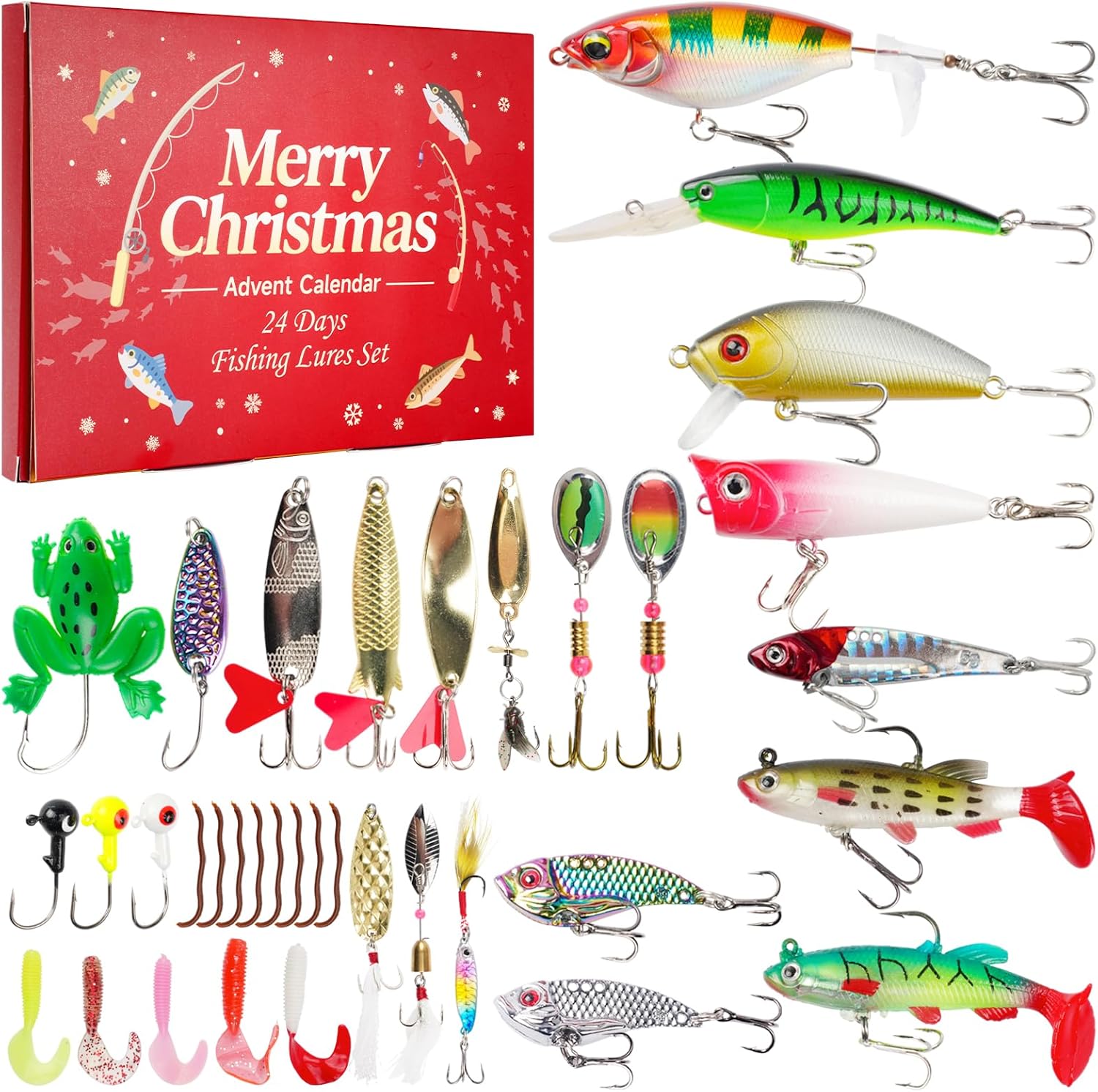 Advent Calendar 2025 Fishing Lure Set - 24 Soft & Hard Lures for Freshwater & Saltwater Fishing Gifts