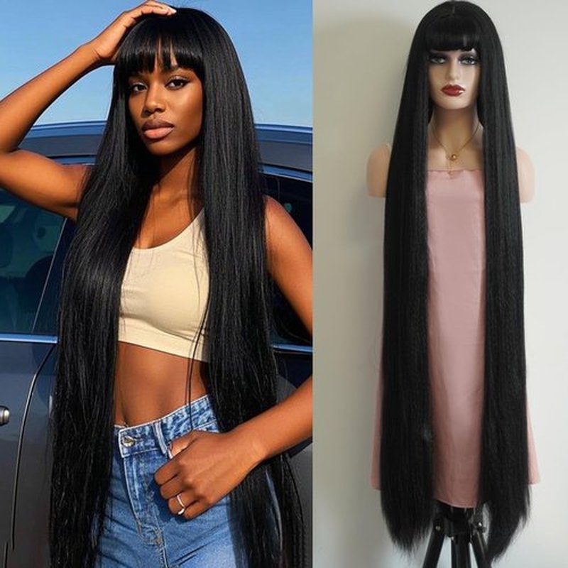 Dream Zimi 48 Inches Surper Long Straight Wig for Women Flat Bangs Soft Yaki Kinky Wigs for Daily Party Halloween Christmas Cosplay Wig Synthetic Hair Black 120CM
