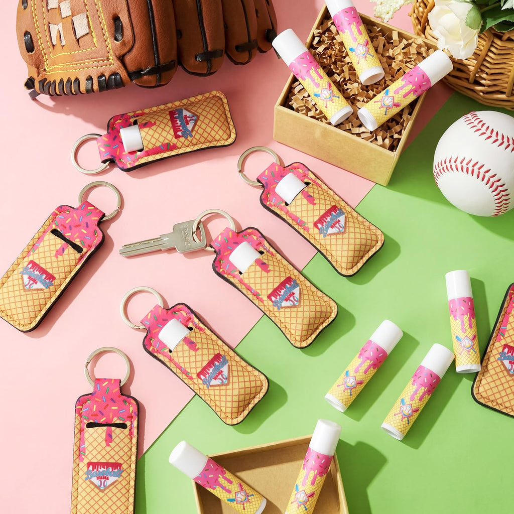 Loopeer 24 Pcs Baseball Party Favors Include Lip Balm and Lipstick Holder Keychain Bulk Moisturizing Pink Ice Cream Baseball Lip Balm Keychains Pouch for Team Gifts Sports Party Supplies