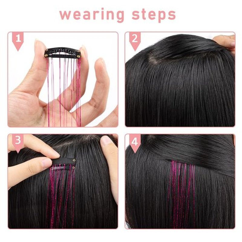 Pink Hair Tinsel 12Pcs 20.5 Inch Clip in Tinsel Hair Extensions Heat Resistant Fairy Hair Tinsel Kit Glitter Hair Extensions Accessories for Christmas Halloween Cosplay (Pink)