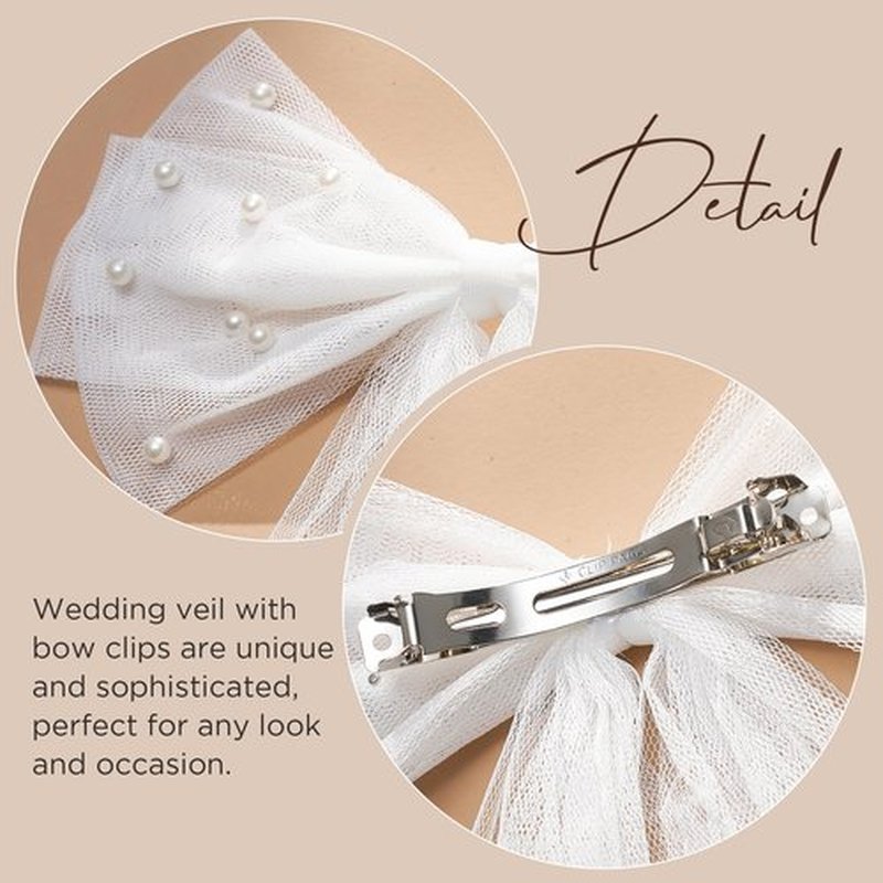 SWEETV Bridal Hair Bow Veil White Bow Clip Bachelorette Party Decorations Pearl Accessories Bride to Be Bridal Shower Gift