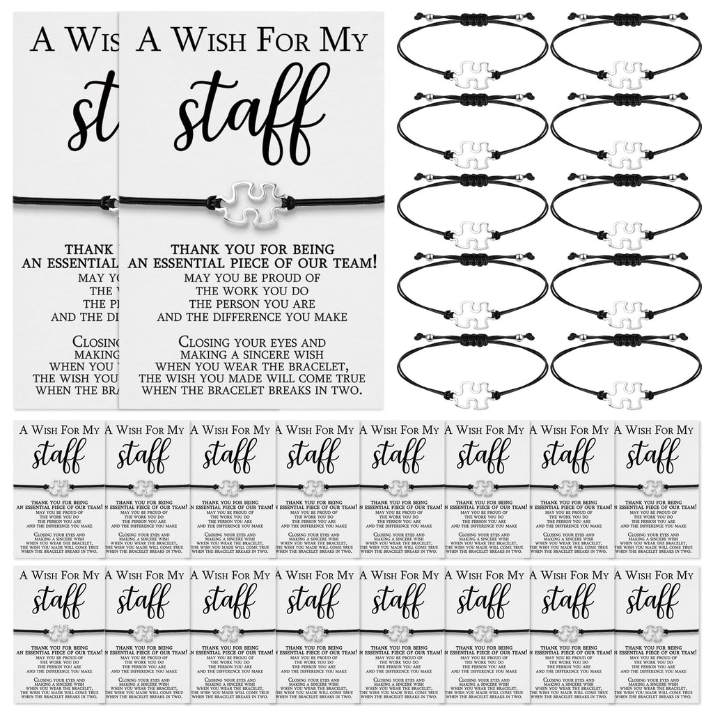 Huquary 100 Sets Staff Appreciation Gifts Cna Week Gifts Bulk 2026 Team Puzzle Piece Bracelet Bulk with Thank You Postcard a Wish for My Staff Inspirational Favors for Nurse, Coworkers, Students