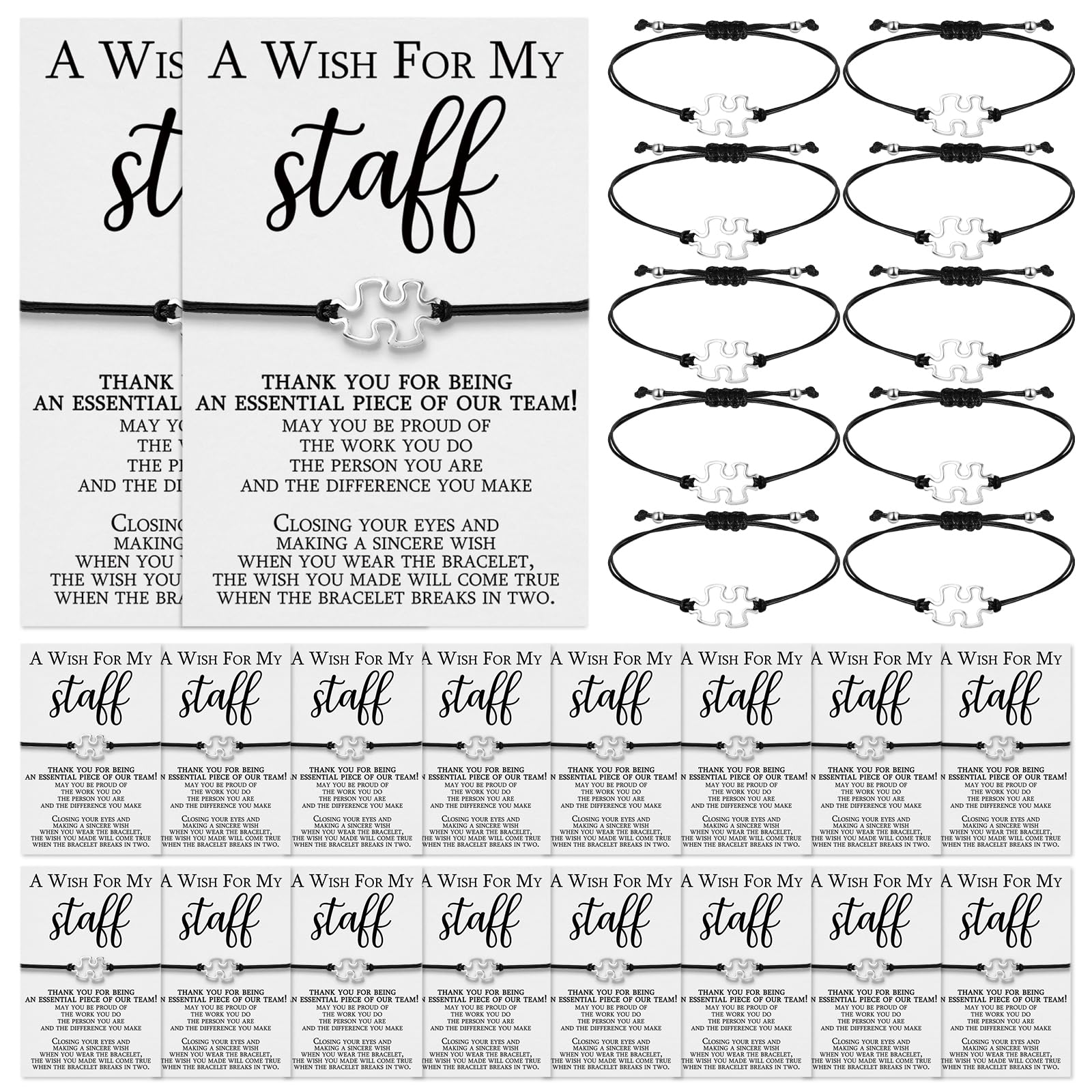 Huquary 100 Sets Staff Appreciation Gifts Cna Week Gifts Bulk 2026 Team Puzzle Piece Bracelet Bulk with Thank You Postcard a Wish for My Staff Inspirational Favors for Nurse, Coworkers, Students