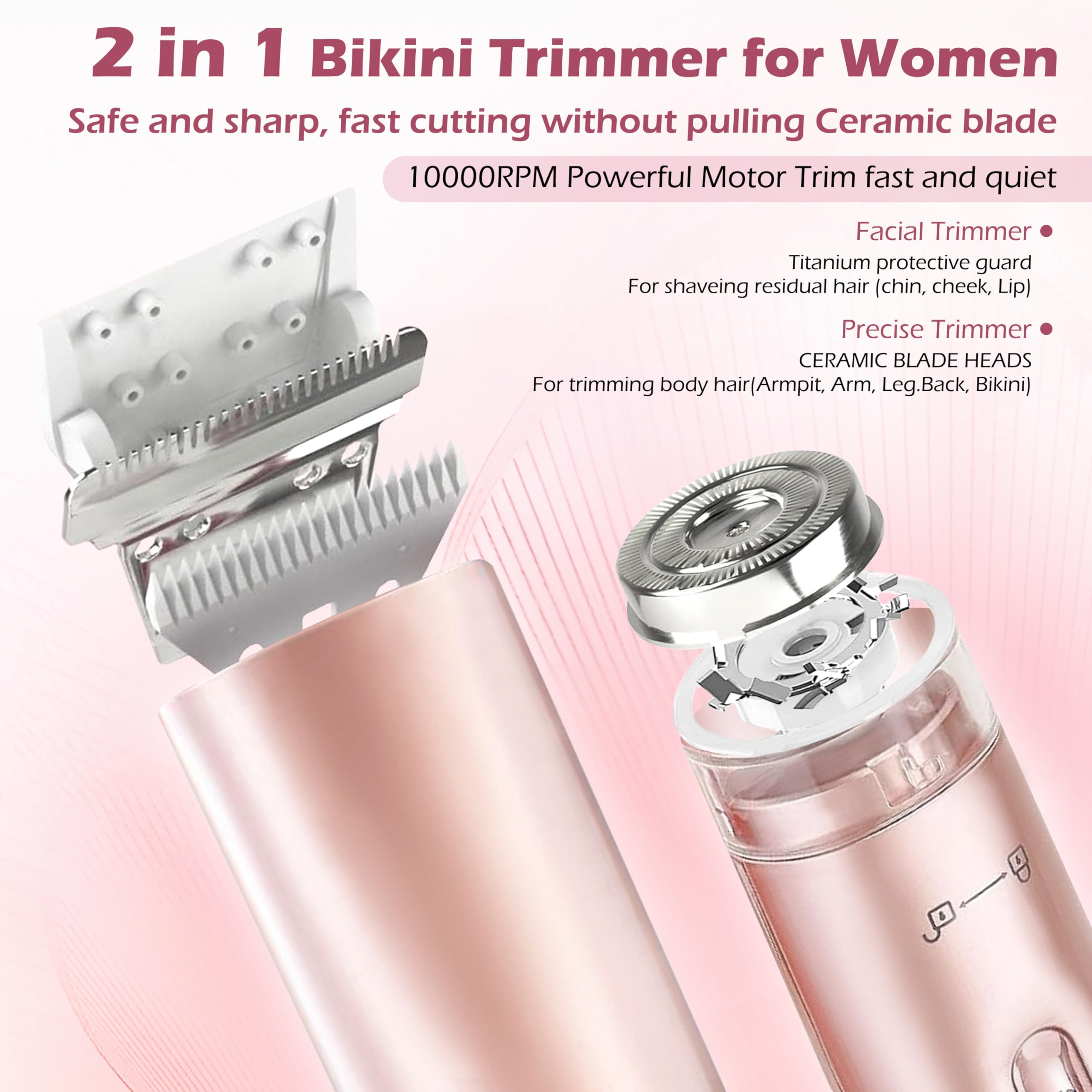 Floranurture 2 in 1 Women Electric Shaver Dual Head Bikini Trimmer for Women IPX7 Waterproof Wet & Dry Use Body Hair Trimmer and Facial Hair Remover Body Shaver for Bikini Underarm Leg Arm Body Face