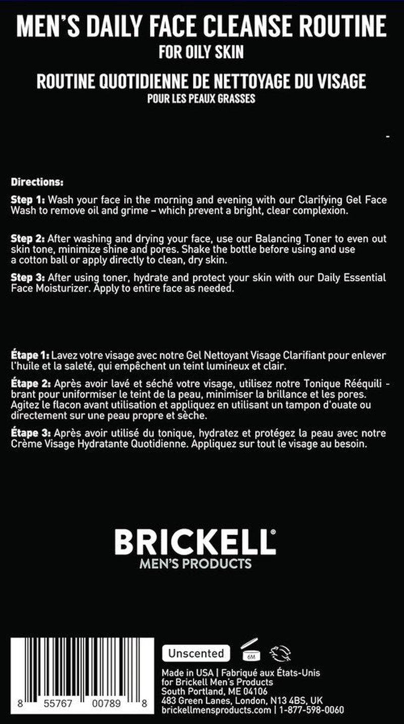 Brickell Men's Daily Face Cleanse Set - Gel Facial Wash, Alcohol-Free Toner & Moisturizer for Oily Skin