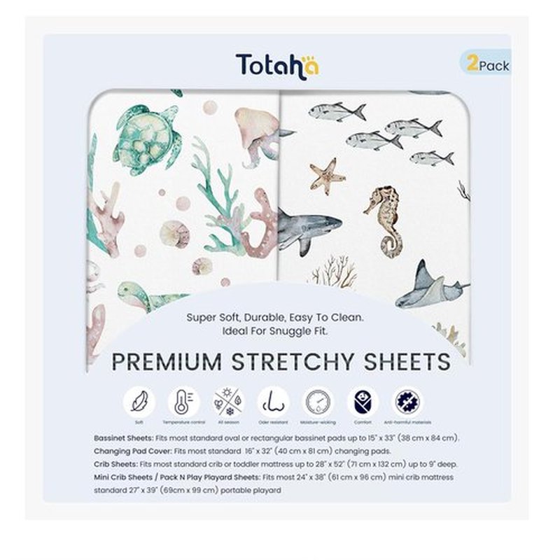 TotAha Crib Sheets | Premium Soft Jersey Knit Baby Sheets | Extra Deep Pocket 28x52x9 | 2 Pack (Sea Animal)