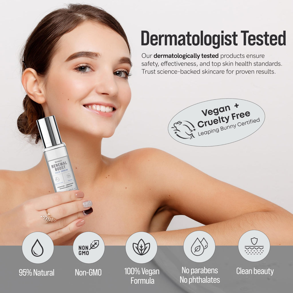 DermaLux Hyaluronic Acid & Peptides Face Serum - Dermatologist Tested, Anti-Aging, Korean Skin Care, Hydrates Smooths Firms – Clean Vegan Beauty for Dry Sensitive Skin – 1.69 Fl Oz