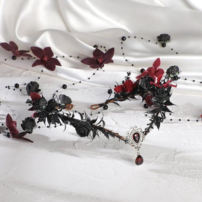MOSTORY Black Fairy Flower Headpiece - Gothic Floral Headband Dark Elf Crown Medieval Floral Circlet for Witch Oufit Halloween Accessories Women Renaissance Faire Costume Cosplay