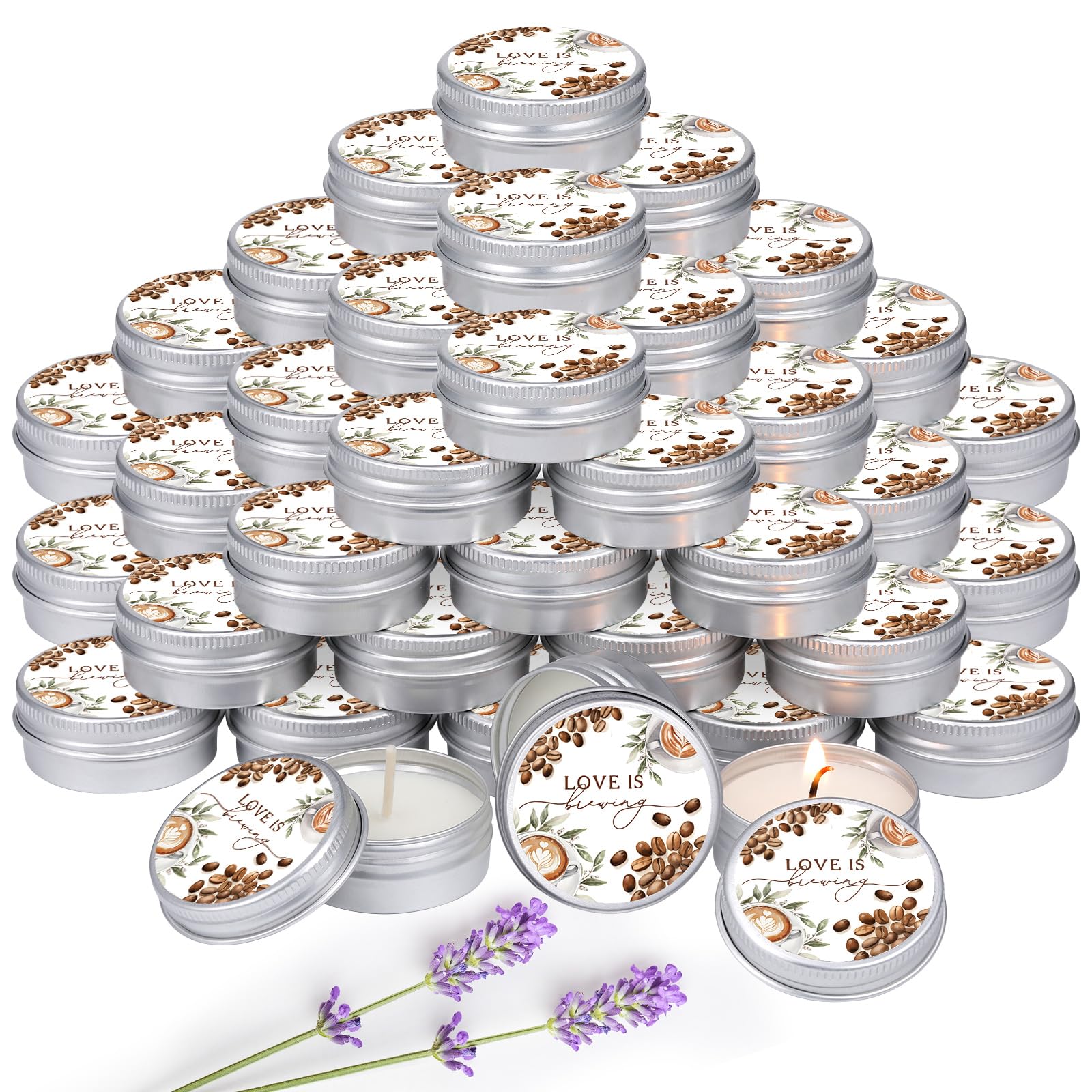 MTLEE 50 Pcs Love is Brewing Bridal Shower Candles Gift Favors for Guests 1 oz Lavender Scented Soy Wax Aromatherapy Coffee Candle Favors for Wedding Party Guests