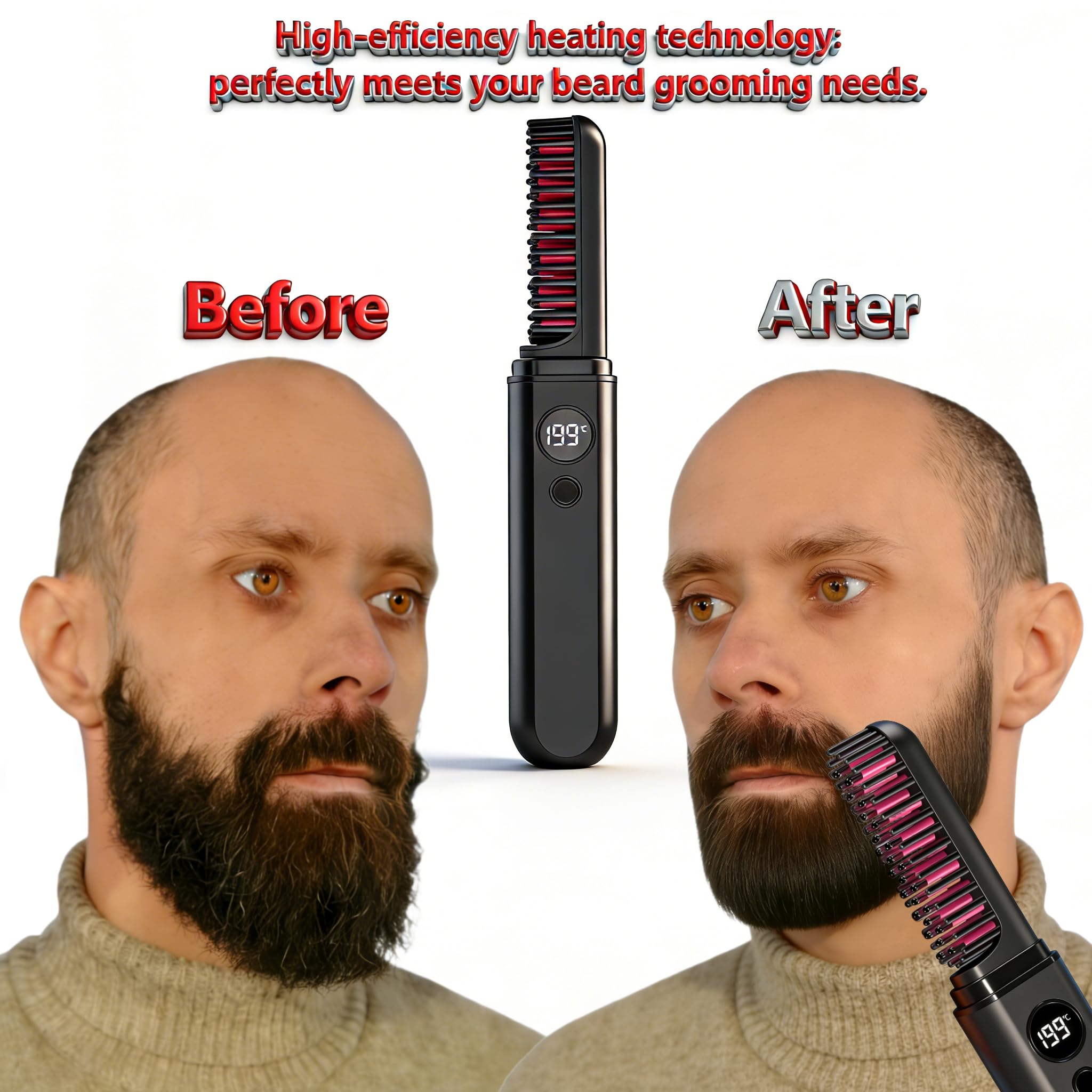 Beard Straightener for Men, Heated Beard Brush, Cordless Beard Hot Comb for Medium to Long Beards, with Travel Case, Rechargeable, 3 Temp Settings, Ionic Technology, Grooming Gift for Men(Black)