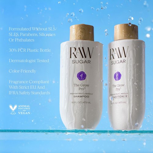 Raw Sugar Grow Pro Hair Care Bundle- Shampoo & Conditioner with Vegan Biotin for Anti-Thinning & Pro-Lengthening, Passion Fruit & Marula for Fuller Hair, Formulated without SLS/SLES or Parabens