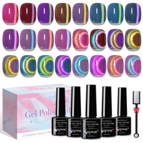 SUPWEE Magnetic Nail Polish Gel, 12 Colors Cat Eye Gel Nail Polish Set with Magnet, High Glossy, UV Lamp Cure, Vegan, Non Toxic, Long Lasting, 0.24fl oz