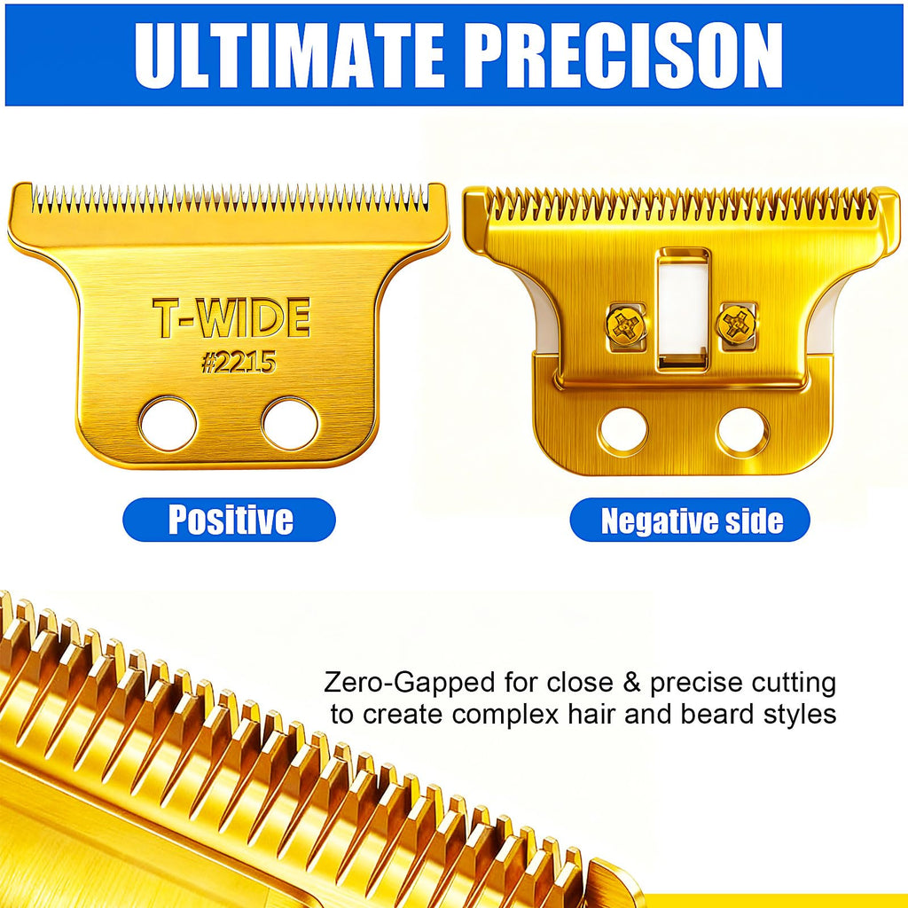 2PCS 2215 Replacement T Wide Blades Compatible with Wahl 5 Star Detailer Li Trimmer(8081) and (8171) - Adjustable Stainless-steel Zero-Gap Trimmer Blade (2PCS-Gold)