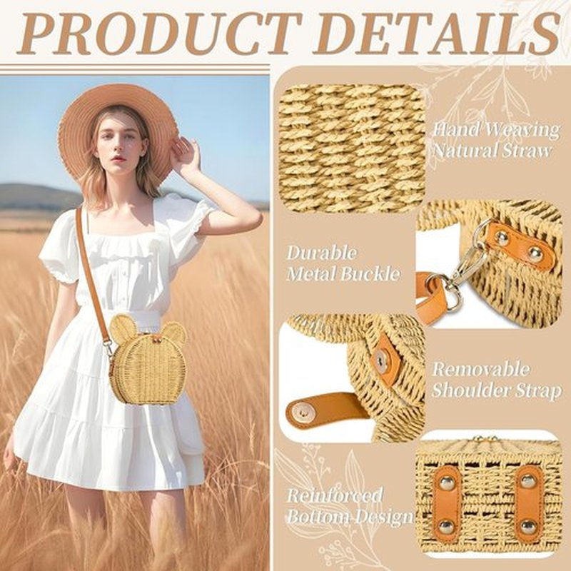 Skiennix Round Rattan Straw Bag - Handmade Wicker Purse with Cute Mouse Ears | Stylish Crossbody Handbag