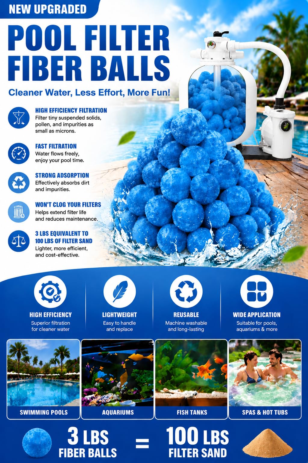 Makeforu 3 lbs Pool Filter Ball, for Swimming Pool Sand Filter, Lightweight Reusable Eco-Friendly Fiber Filter Ball, Replaces 100 lbs Pool Filter Sand (3 lbs)