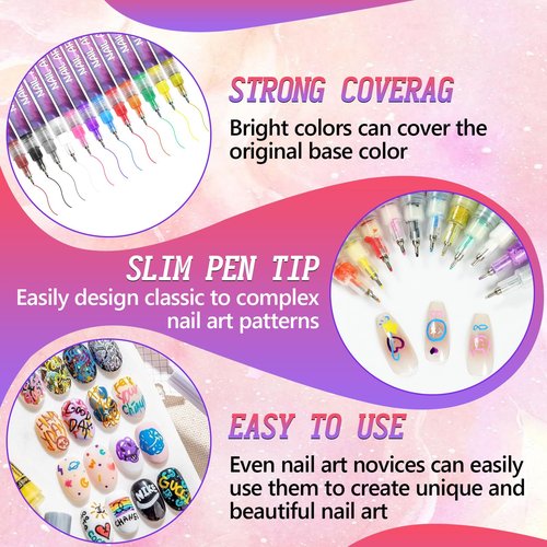 Nail Art Pens for Painting Nails, 12 Colors Nail Art Pens Set, Drawing Painting Liner Pen, Quick Dry Graffiti Dotting Point Liner Pens for DIY Nails Art Design Manicure Tools