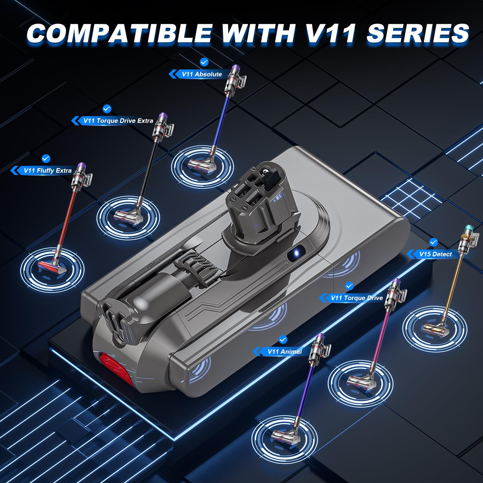 8000mAh V11 Battery Replacement Compatible with Dyson V15 Button Click in Installation Style Battery V11 Extra/Absolute/Animal/Outsize/V15/SV15/SV16 970425-01 Vacuum Cleaner (Not for Screw-in Models)