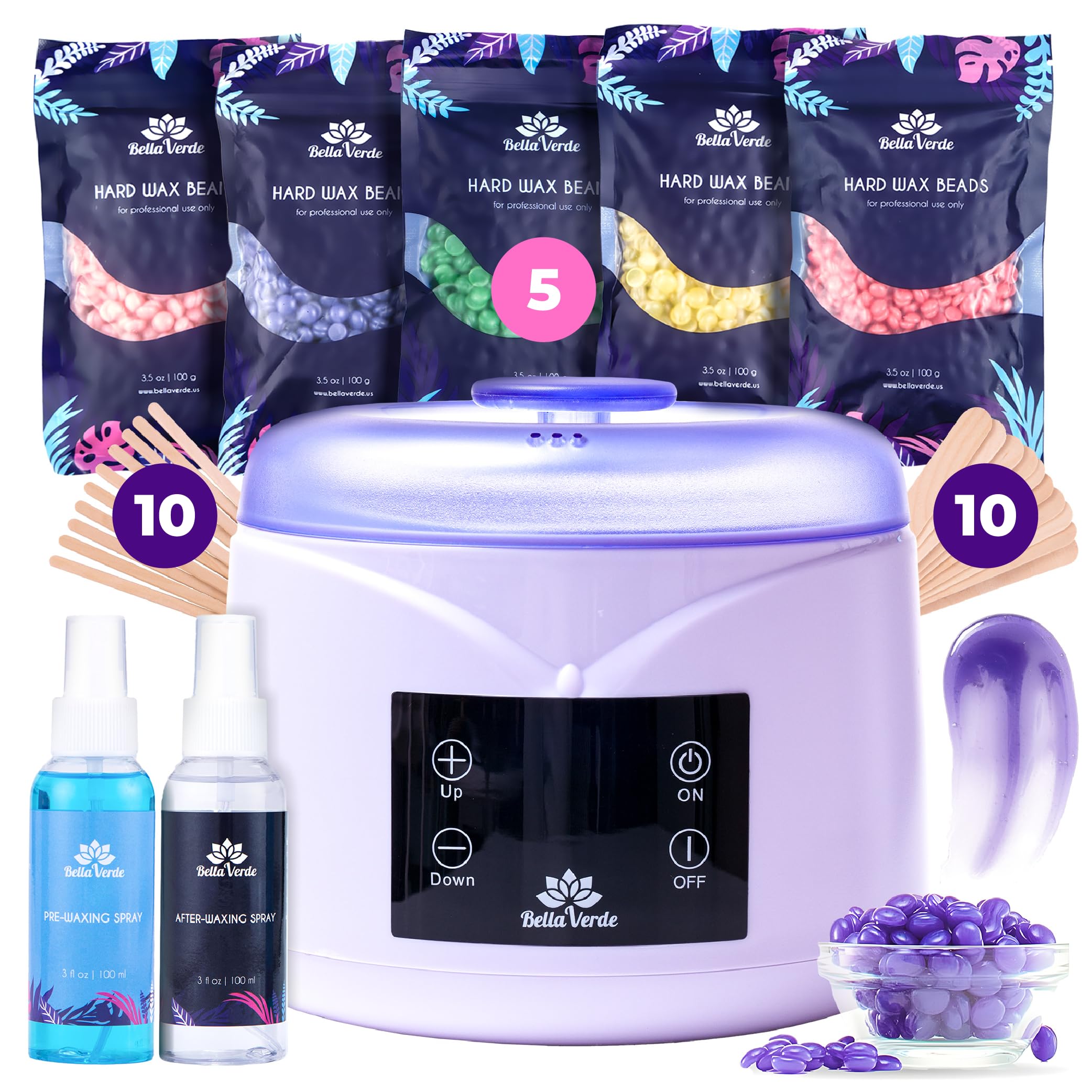 Bella Verde Waxing Kit for Women & Men -Digital Wax Warmer with Hard Beads, Pre & Post Spray, Hot Wax Pot Machine for Face, Eyebrows, Body, Legs, Bikini - At-Home Hair Removal for Sensitive Skin