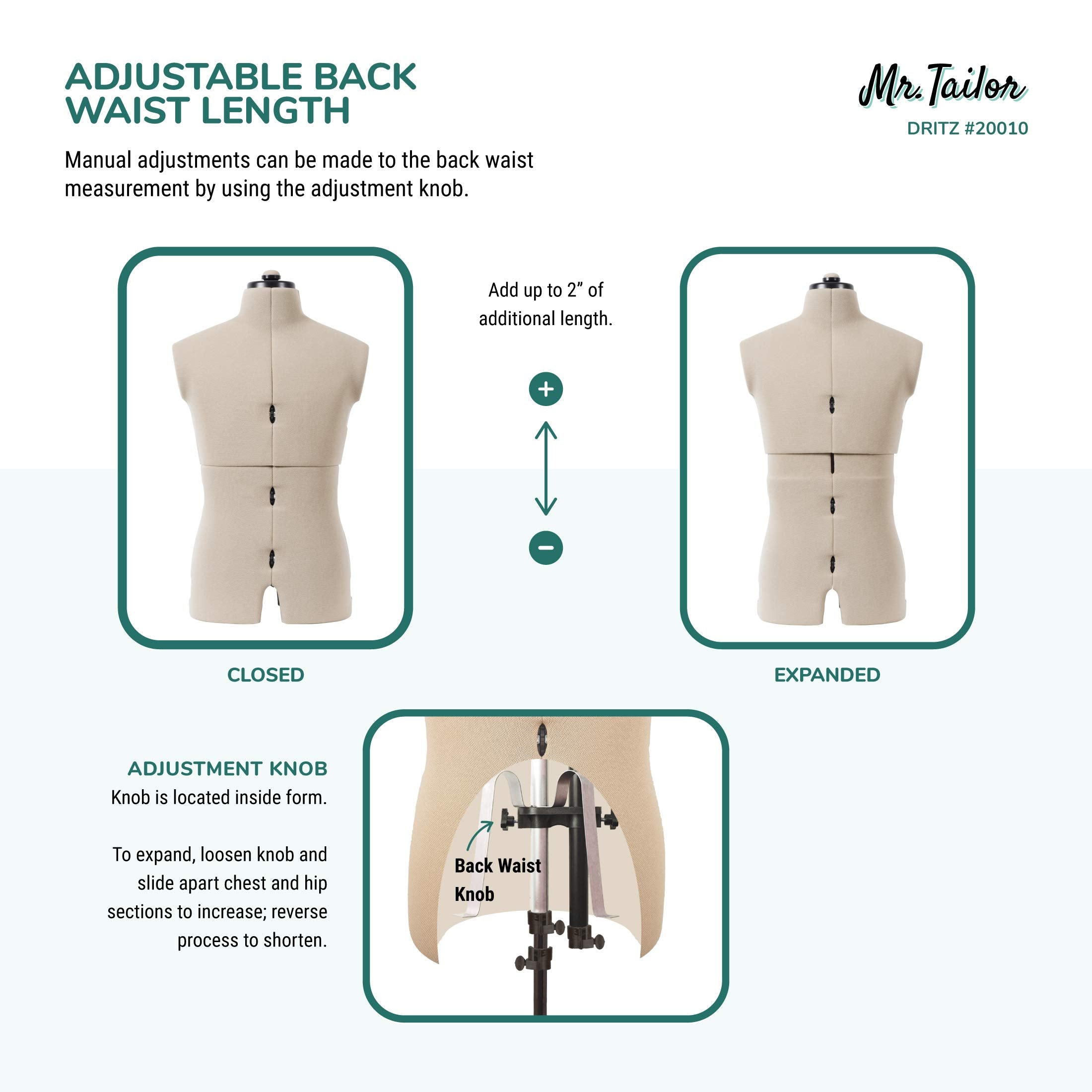 Dritz Mr. Tailor Adjustable Dress Form - Men Size US M-XL - Male Clothing Mannequin for Sewing, Fitting, and Draping - Pinnable Sewing Mannequin with 13 Dials for Fitting