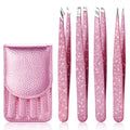 FungChoi 4-Pcs Glitter Stainless Steel Precision Tweezer Set for Eyebrows, Ingrown Hair & Lash Extensions (Pink)