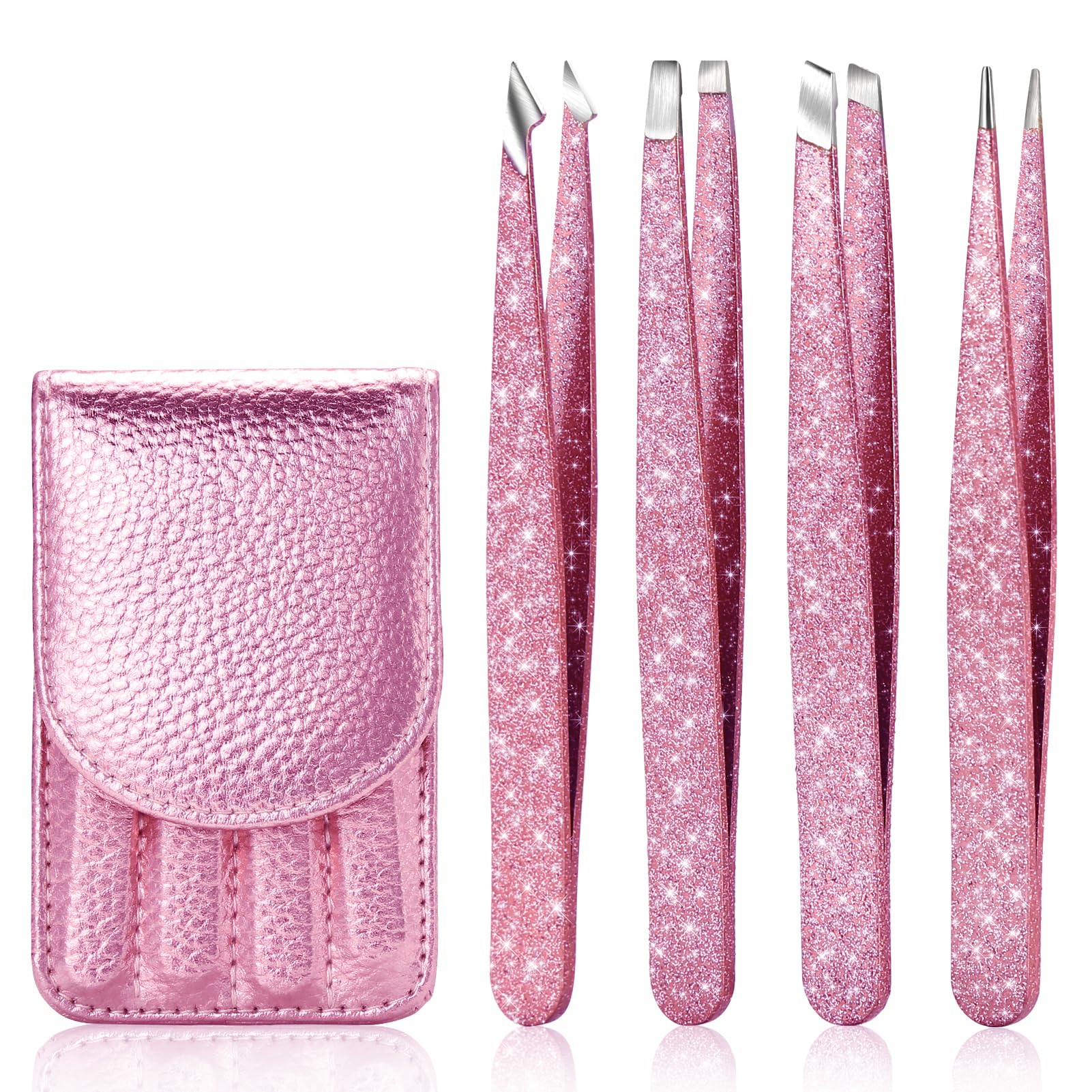 FungChoi 4-Pcs Glitter Stainless Steel Precision Tweezer Set for Eyebrows, Ingrown Hair & Lash Extensions (Pink)