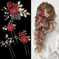 4 PCS Bridal Hair Pins with Crystal Pearl, Rhinestone Updo Headpiece for Brides, Bridesmaids, and Women - Gold Wedding Jewelry Accessories(Red)