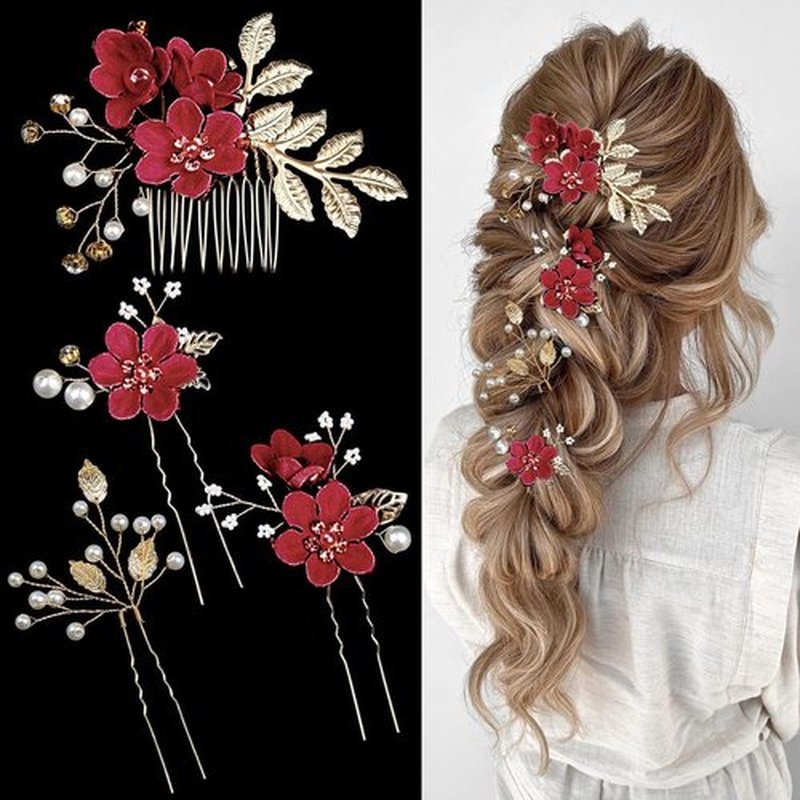 4 PCS Bridal Hair Pins with Crystal Pearl, Rhinestone Updo Headpiece for Brides, Bridesmaids, and Women - Gold Wedding Jewelry Accessories(Red)