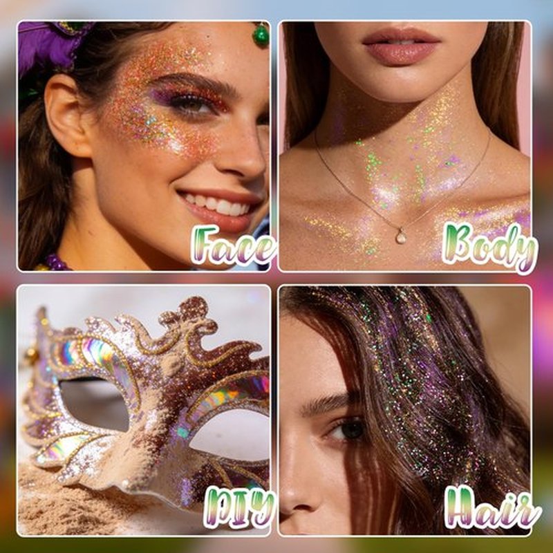 DAGEDA Mardi Gras Roll-on Body Glitter,Holographic Face Hair Glitter Gel for Mardi Gras Accessories,Green Purple Gold Sequins Body Shimmer Makeup Carnival Outfits Accessories for Women 50ml