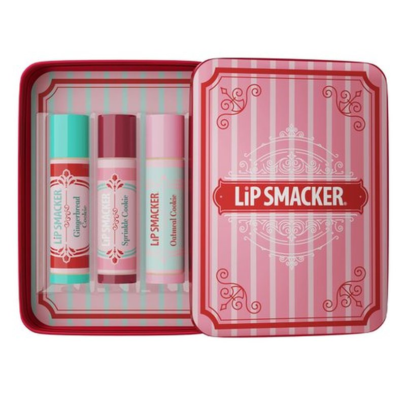 Lip Smacker Holiday Lip Balm Trio Tin – Gingerbread Cookie, Sprinkle Cookie & Oatmeal Cookie, Festive Flavored Lip Balms, Moisturizing Holiday Gift Set