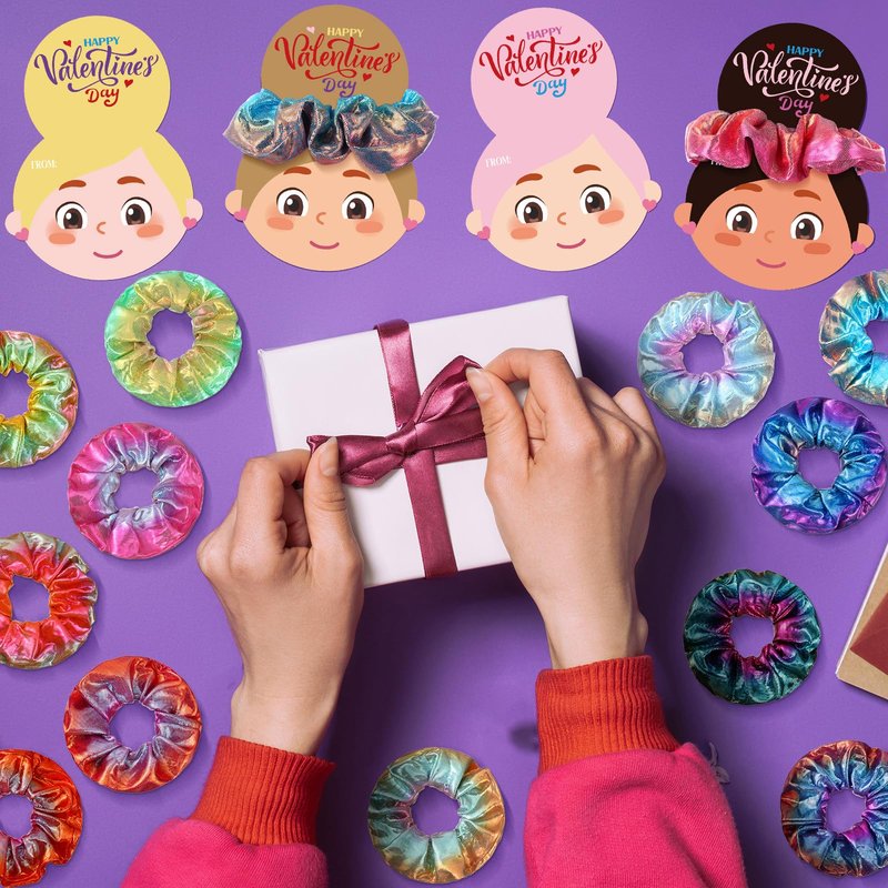 XunYee 24 Pcs Valentine's Day Hair Scrunchies with Card 12 Tie Dye Velvet Scrunchies 12 Valentines Exchange Gift Cards for Party Favors Goody Bag Filler(Metallic Color)
