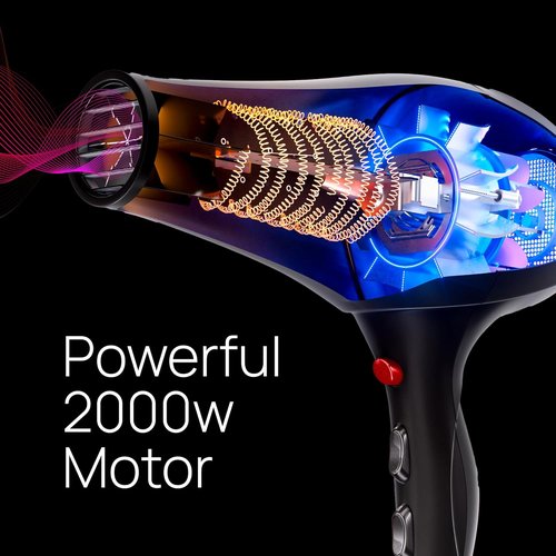 TREZORO Professional Hair Dryer - Ionic Ceramic Tourmaline Technology, 2000W Fast Drying, Black