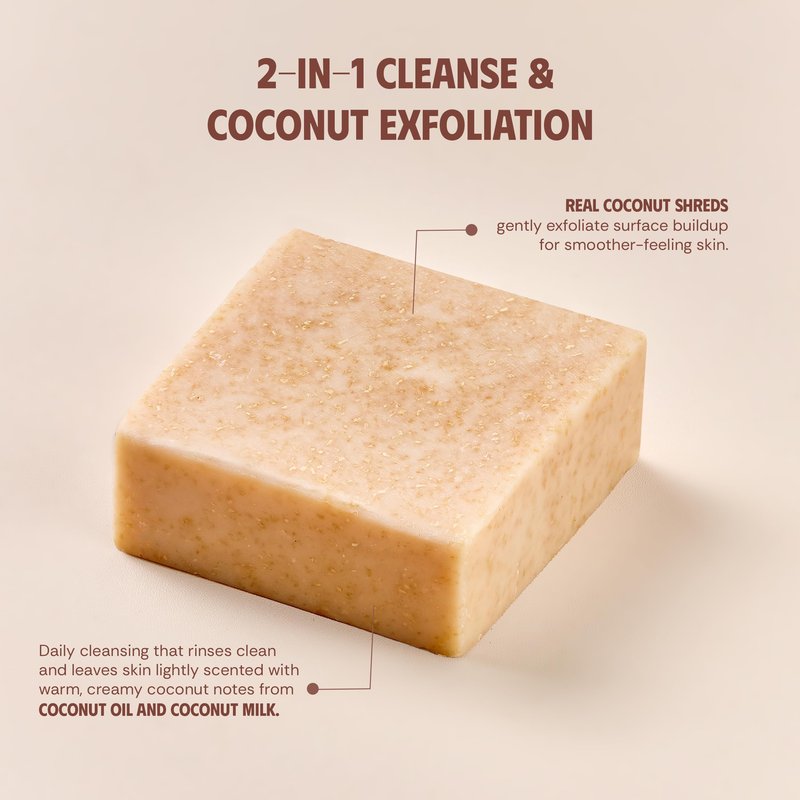 VIETNAT Cold-Process Natural 2-in-1 Luxurious Natural Soap Bar (4.2 oz) with Coconut Shreds | Light Exfoliation & Creamy Lather Body Bar | Cold-Processed, Handmade in Vietnam (Pack of 1)