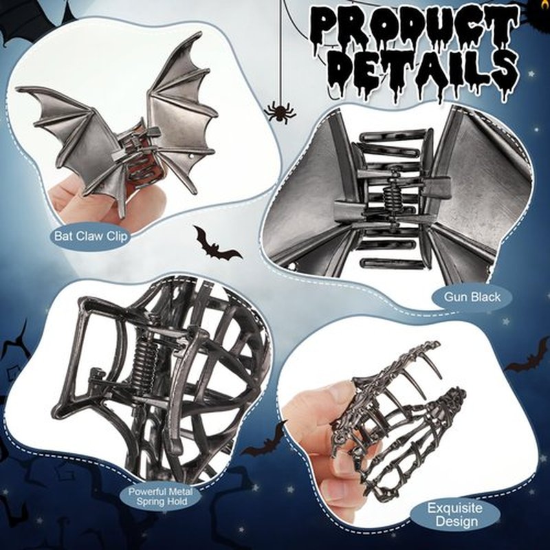 HairChrysm 8 PCS Gothic Hair Clips Set, 4 PCS Metal Spider Web Skeleton Hand Bat Claw Clips & 4 Skeleton Hand Bone Barrettes for Women Halloween Hair Accessories Punk Rock Dark Aesthetic Hair Pins