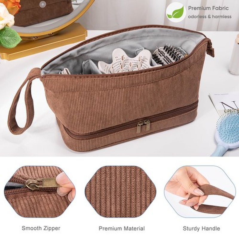 ELCUPA Hair Tools Travel Case - Double-Layer Organizer for Hair Dryer, Curling Iron & Attachments - Brown Corduroy with Zipper Closure & Top Handle