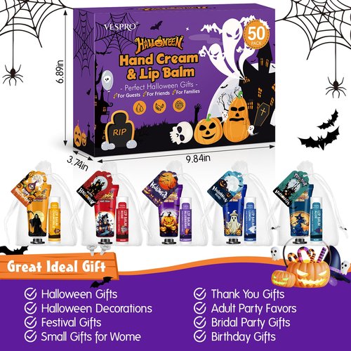 50 Pack Halloween Hand Cream and Lip Balm Set, Bulk Halloween Gifts with Halloween Cards and Organza Bag, Halloween Decorations and Halloween Party Favors Goodies for Women