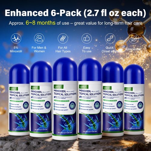 6 Pack 5% Minoxidil for Men and Women,Minoxidil Beard and Hair Growth Serum(Biotin-Infused) with Sponge Applicator for Thinning Hair and Sparse Beards,8-Month Supply 6 x 2.7 FL OZ