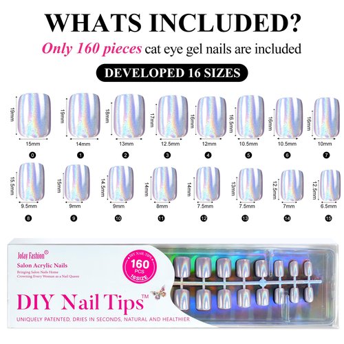 Cat Eye Press on Nails Short, Jofay Fashion Salon-Like Fake Nail with Blue Laser Gray Mystic Aurora Designs, False Nails Glue on Nails Reusable Full Cover Stick on Nails for Women, 160 Pcs