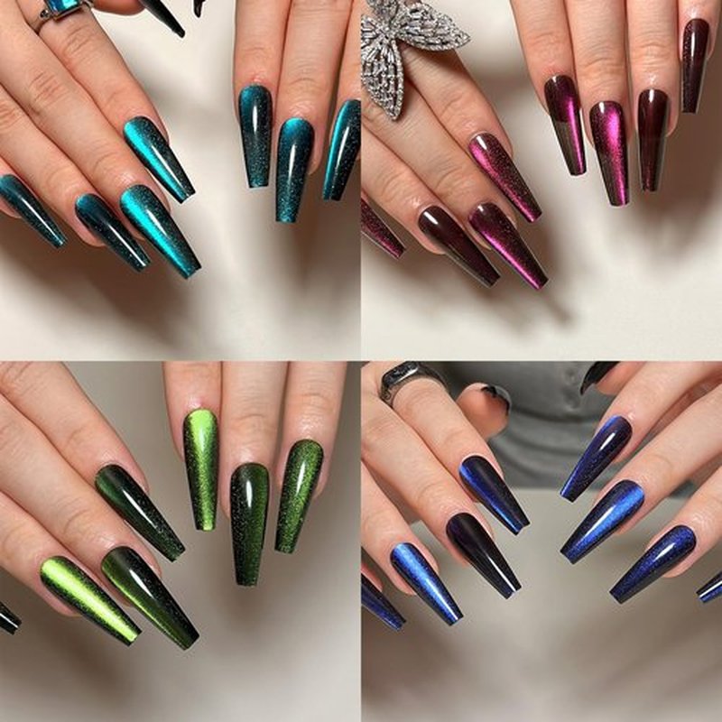 KKUUOO 4 Pack Long Coffin Gradient & Glitter Nails, Full Cover Glossy Acrylic False Nails, Stick On, 96pcs 12 Sizes-4 Styles