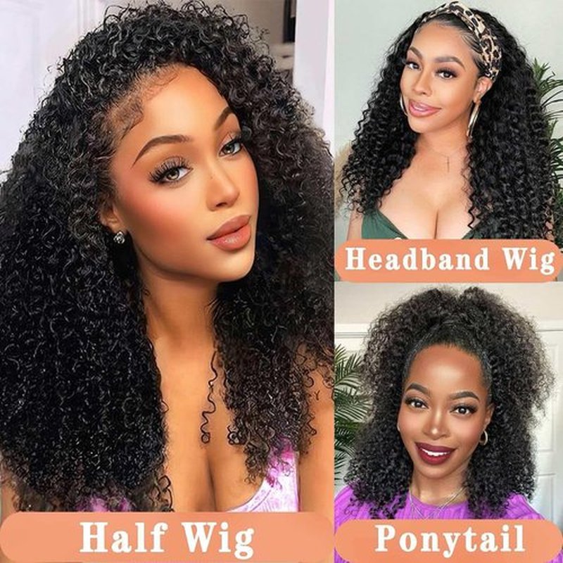 Maytune Half Wig Human Hair Deep Wave 24 Inch 200% Density Curly Half Wig 3 In 1 Drawstring Seamless Flip Over Headband Half Wigs for Black Women Human Hair Beginner Friendly
