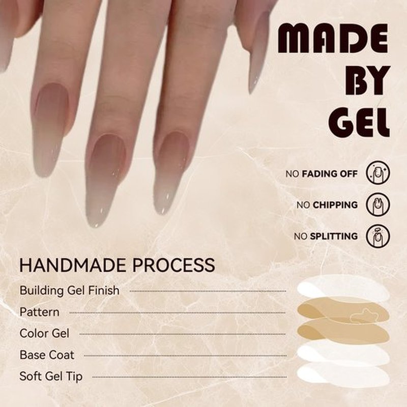 24pcs Long Almond Press On Nails,Translucent Nude Gradient Fake Nails with Jelly Glue,Reusable Stick On Nails for Women & Beauty lovers