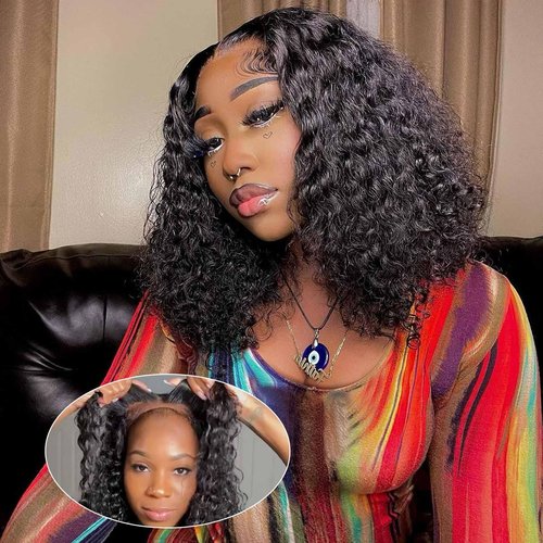omswet Curly BOB Wig Human Hair 200 Density 5x5 HD Lace Closure Deep Wave Wigs for Black Women Glueless Wear and Go Pre Plucked Deep Wave Wet and Wavy Glueless Wigs Human Hair Natural Black 14 Inch