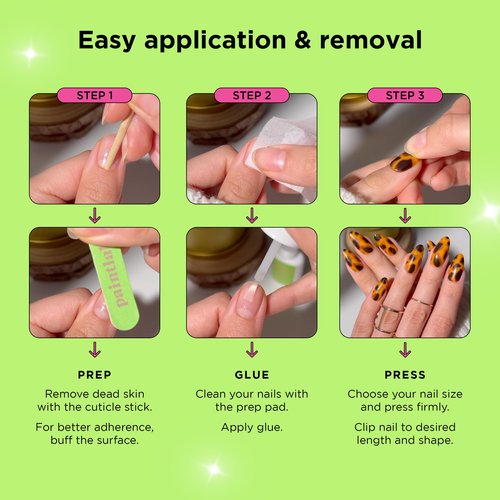 PaintLab Press-On Nails Manicure Kit, Tortie - Almond, 24-Piece Set, Long-Lasting Fake Nails with Glue, File, Prep Pad & Cuticle Stick