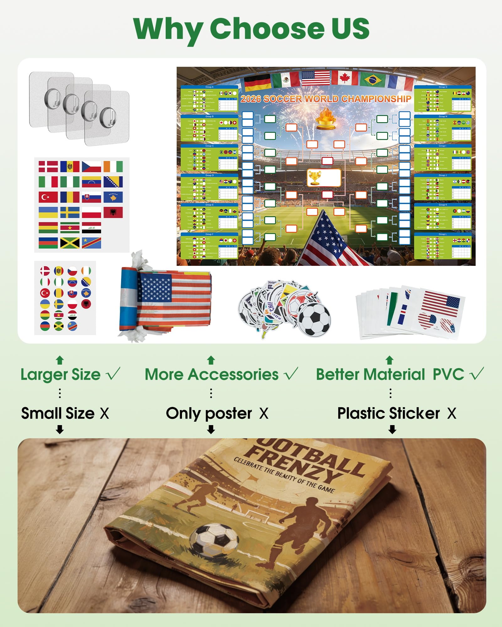 GAMSOD 2026 World Cup Schedule Poster – 39x59 Inches Tournament Bracket Wall Chart with Reusable National Flags Sticker& Hooks, DIY Predict Game Results, Great Soccer Fan Gift for Game Day Party