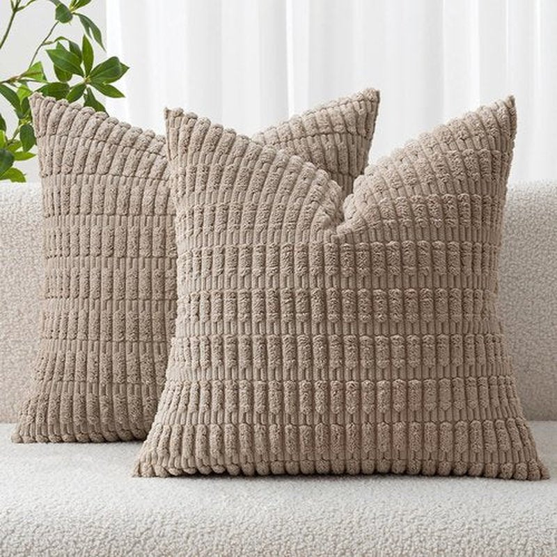 MIULEE Euro Sham Pillow Covers - Soft Corduroy Boho Striped Design | 26x26 Inch Light Brown for Modern Home Decor