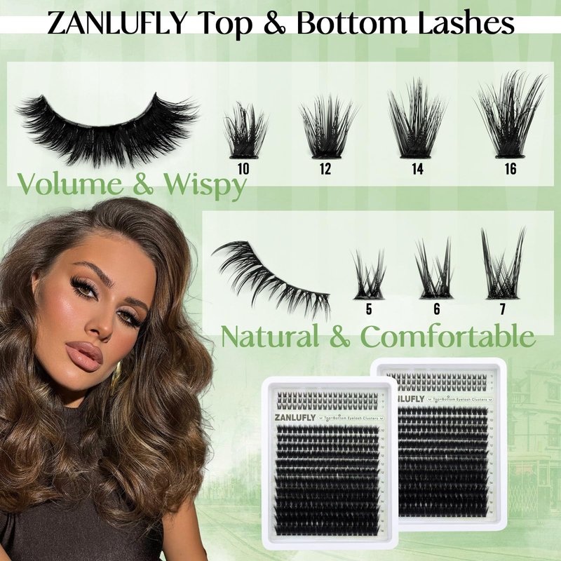 Volume Lash Clusters with 5-7MM Bottom Lashes D-curly Eyelash Clusters Wispy Lash Extension 300Pcs Individual Lashes Thin Band Cluster Eyelash Extension 10-16MM Cluster Lashes DIY at Home by ZANLUFLY