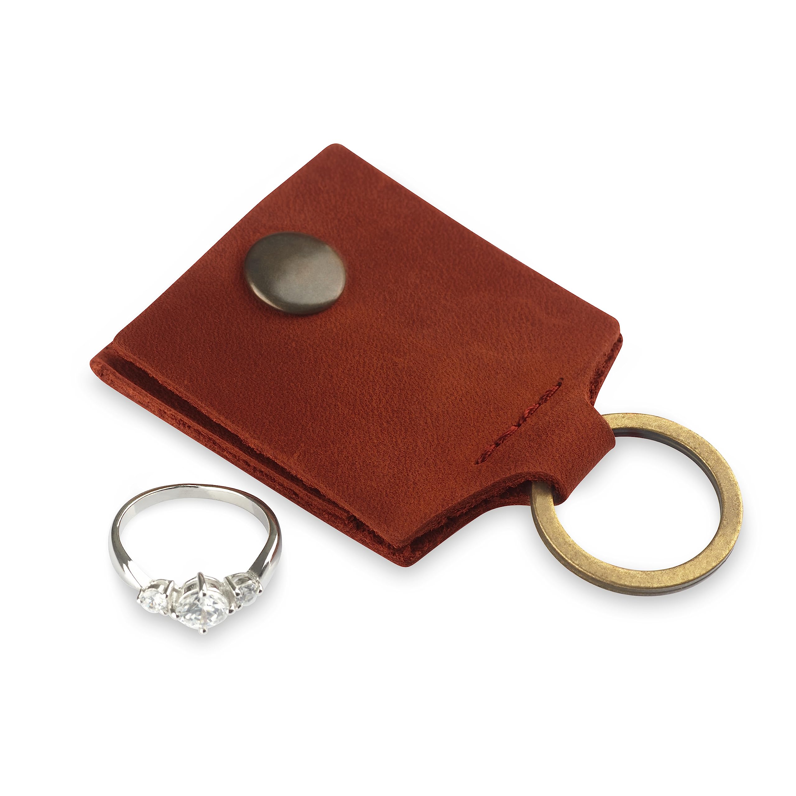 Leather Keychain Ring Holder, Wedding Ring Travel Case, Engagement Ring Holder, Ring Pouch Bag, Workout and Gym Ring Holder, Small Soft Leather Ring Bearer (Cognac)