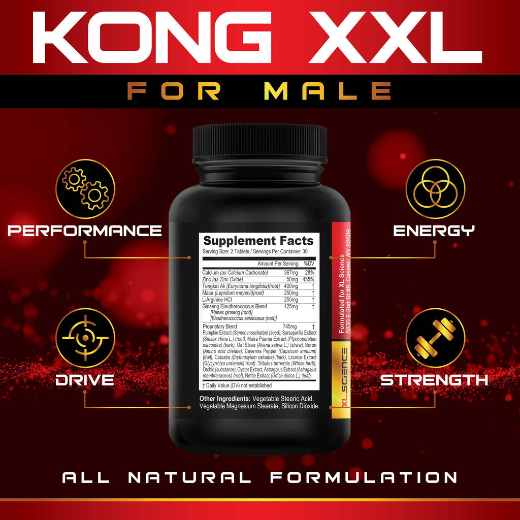 Kong XXL- Ultimate Male Performance and Enlargement Pills for Men- Add 3-6” in 60 Days- Enhanced Size, Drive, Strength and Endurance - Boost Performance- 60 Tablets